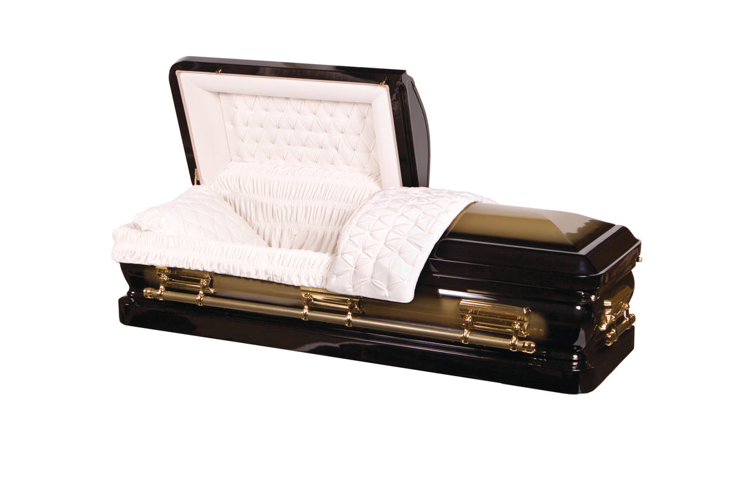 black and gold 18 gauge steel metal casket velvet interior 